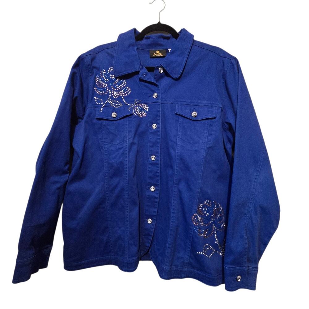 Vtg Quacker Factory Floral Embellished Denim Jacket Womens XL Blue Western Artsy